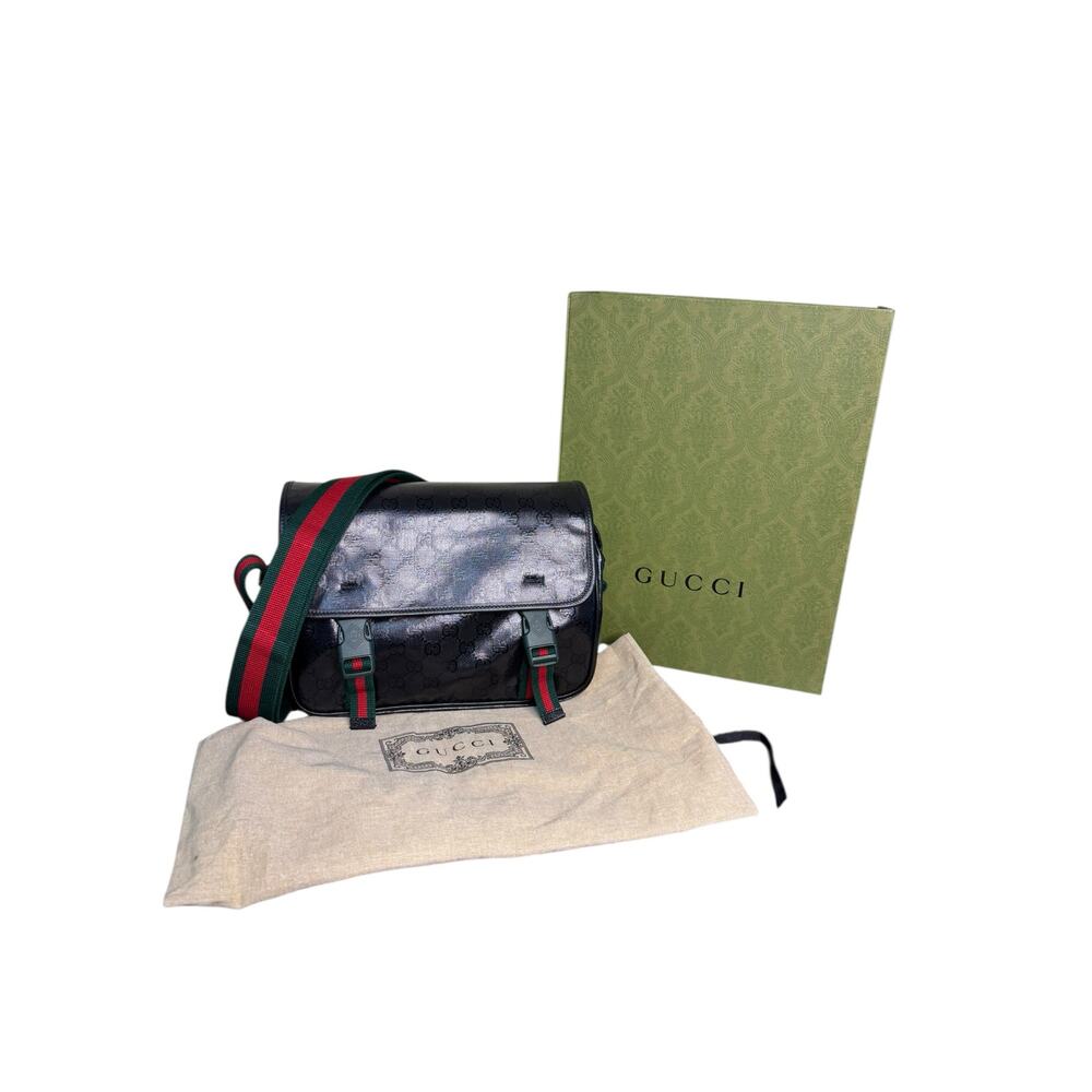 Gucci GG Crystal Messenger Bag in Black Coated Canvas w/Box and Dust Bag